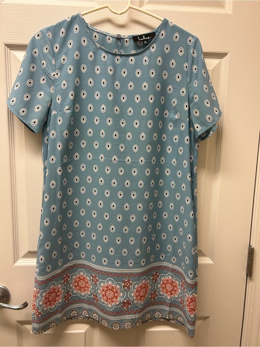 Lulu's Blue Shift Dress with Coral Border